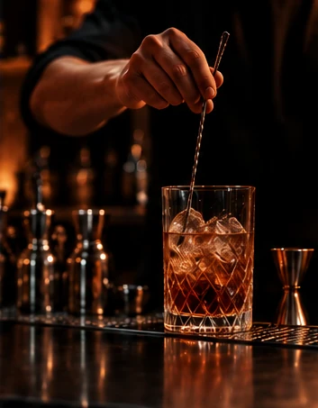 A bartender stirring an amber cocktail over ice